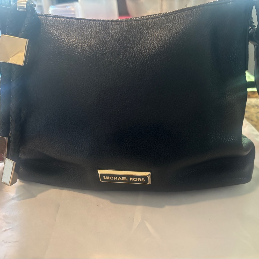 Michael Kors Black Leather Shoulder Bag with Gold Accents